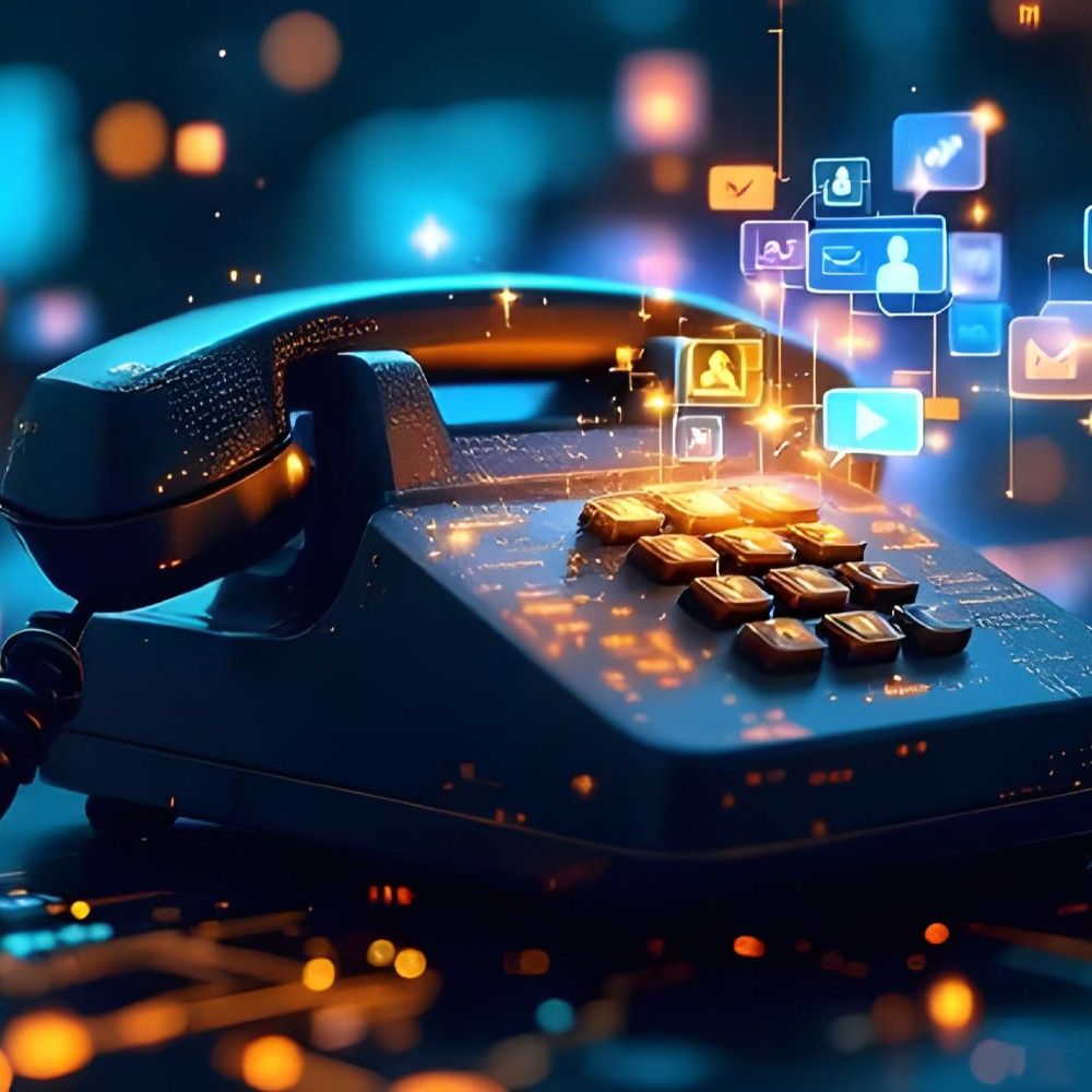 Vintage rotary telephone with glowing digital icons and symbols floating above it, representing the evolution of communication technology.