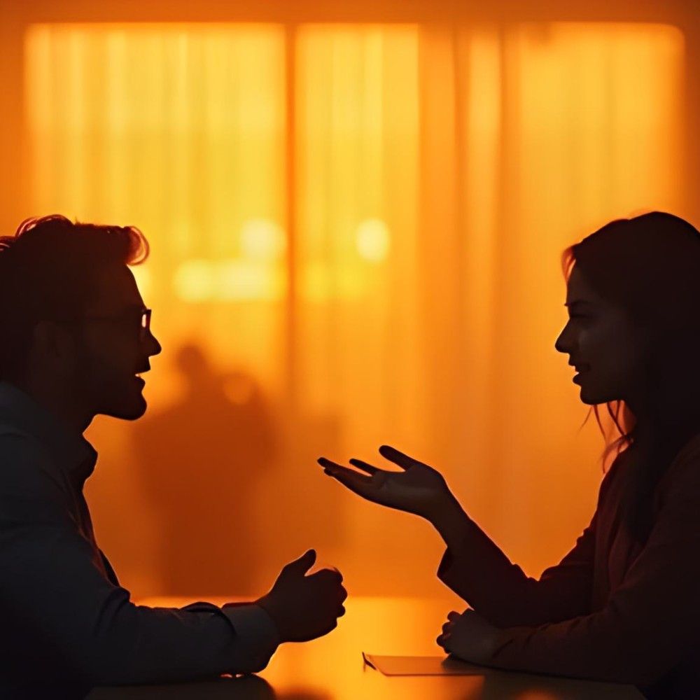 A man and a wmona sre sitting at a desk invloved in a discussion