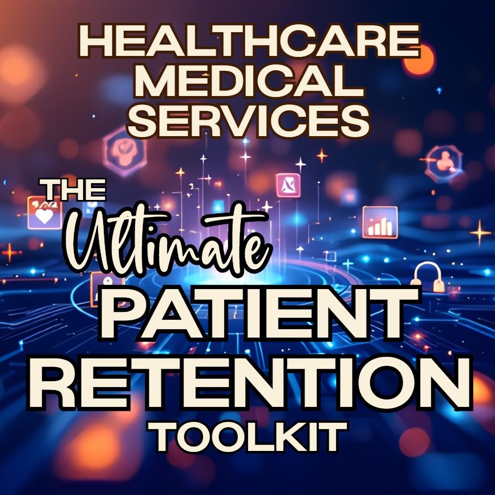 Digital background with glowing lines and healthcare icons, overlaid with the text "Healthcare Medical Services The Ultimate Patient Retention Toolkit".