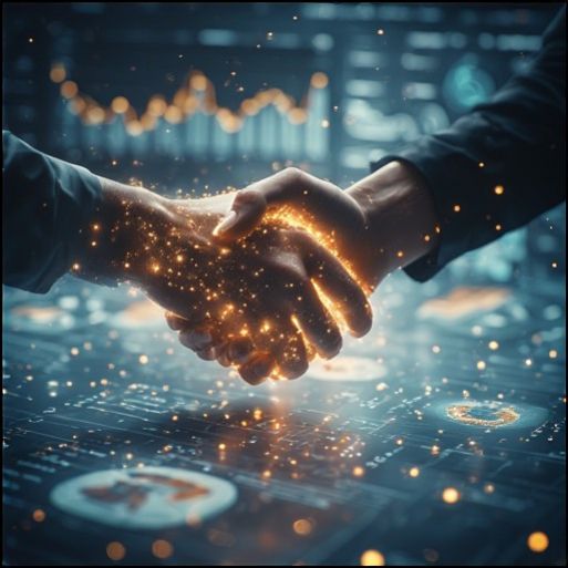 Glowing shield with an upward-trending bar graph in the center, surrounded by digital light rays and abstract technology icons, symbolizing cybersecurity and financial growth.