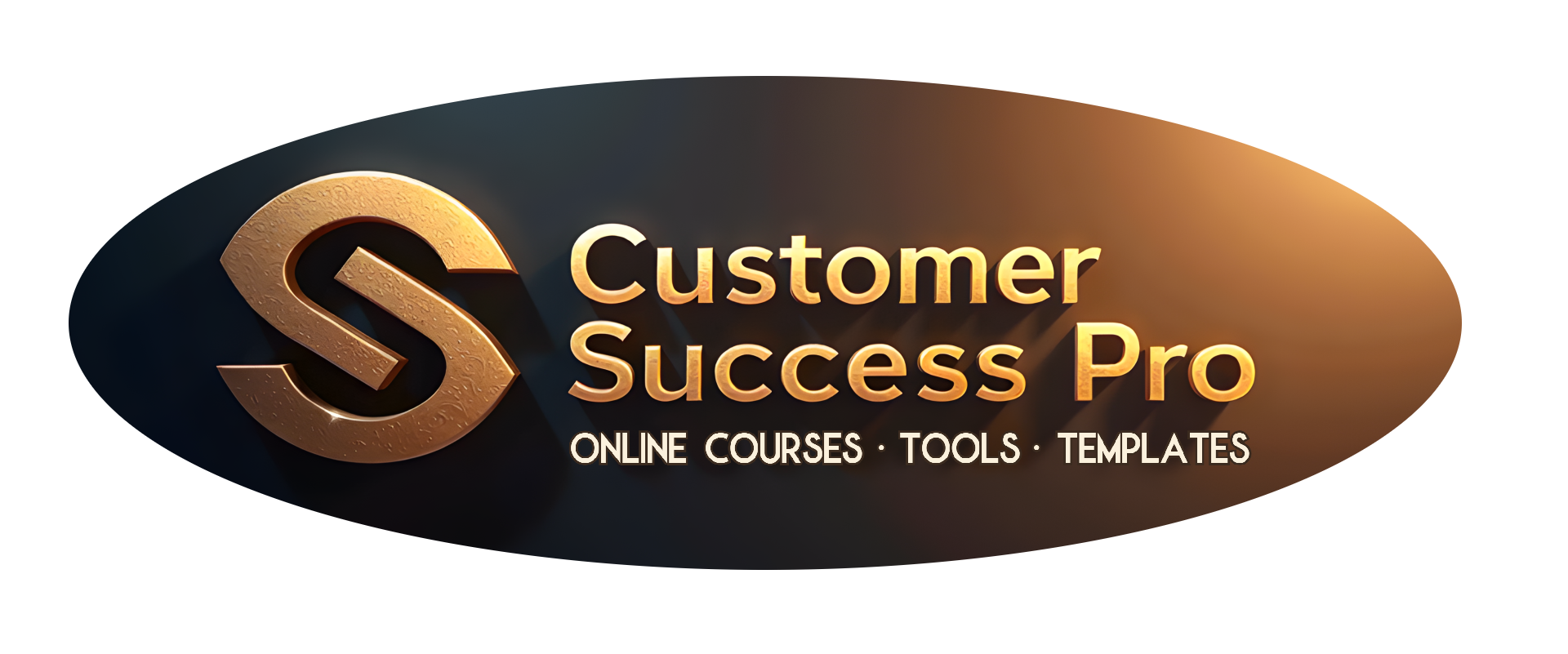 A logo for 'Customer Success Pro,' featuring stylized golden letters on an oval background. The tagline below reads 'Online Courses • Tools • Templates.' The design combines a modern feel with a professional appearance.