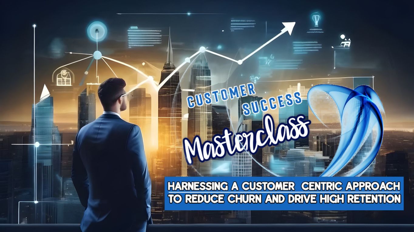 A business professional in formal attire stands facing a city skyline with illuminated skyscrapers. Graphs and digital elements overlay the scene, emphasizing a theme of customer success and retention strategies.