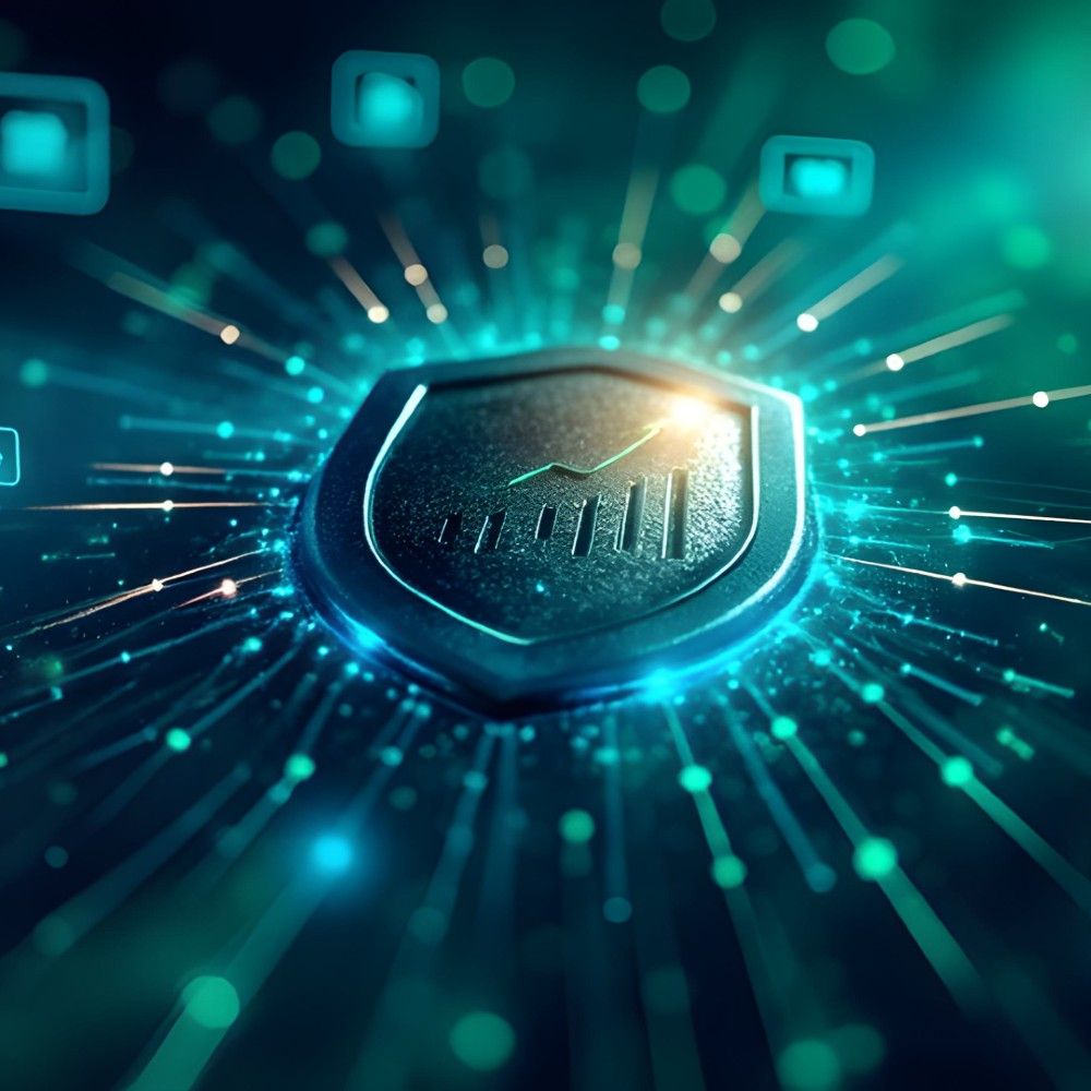 Glowing shield with an upward-trending bar graph in the center, surrounded by digital light rays and abstract technology icons, symbolizing cybersecurity and financial growth.