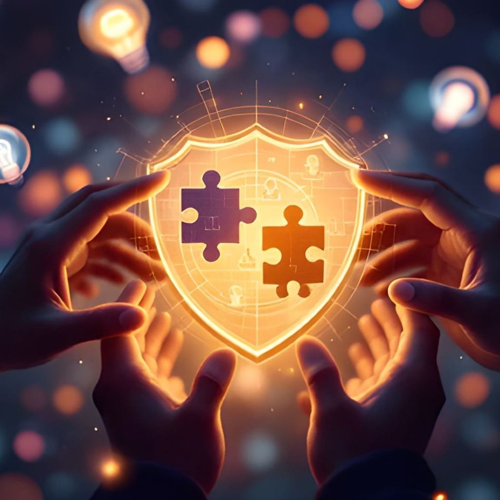 Hands surrounding a glowing shield with two puzzle pieces in the center, symbolizing teamwork and security, with lightbulbs in the background."