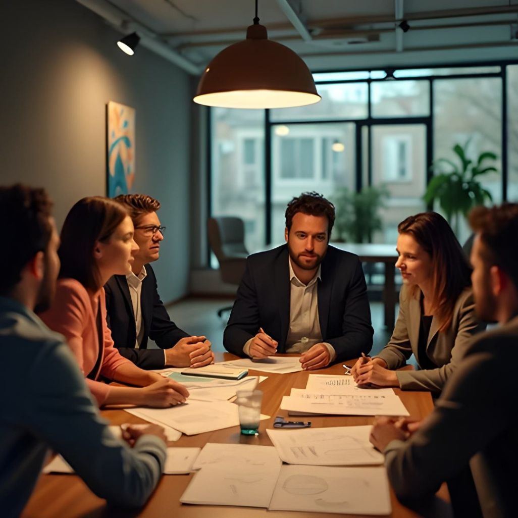 A man and a wmona sre sitting at a desk invloved in a discussion