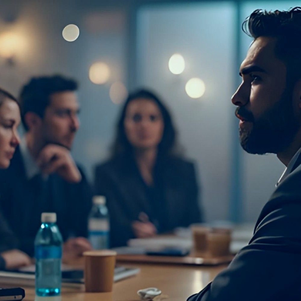 A man and a wmona sre sitting at a desk invloved in a discussion