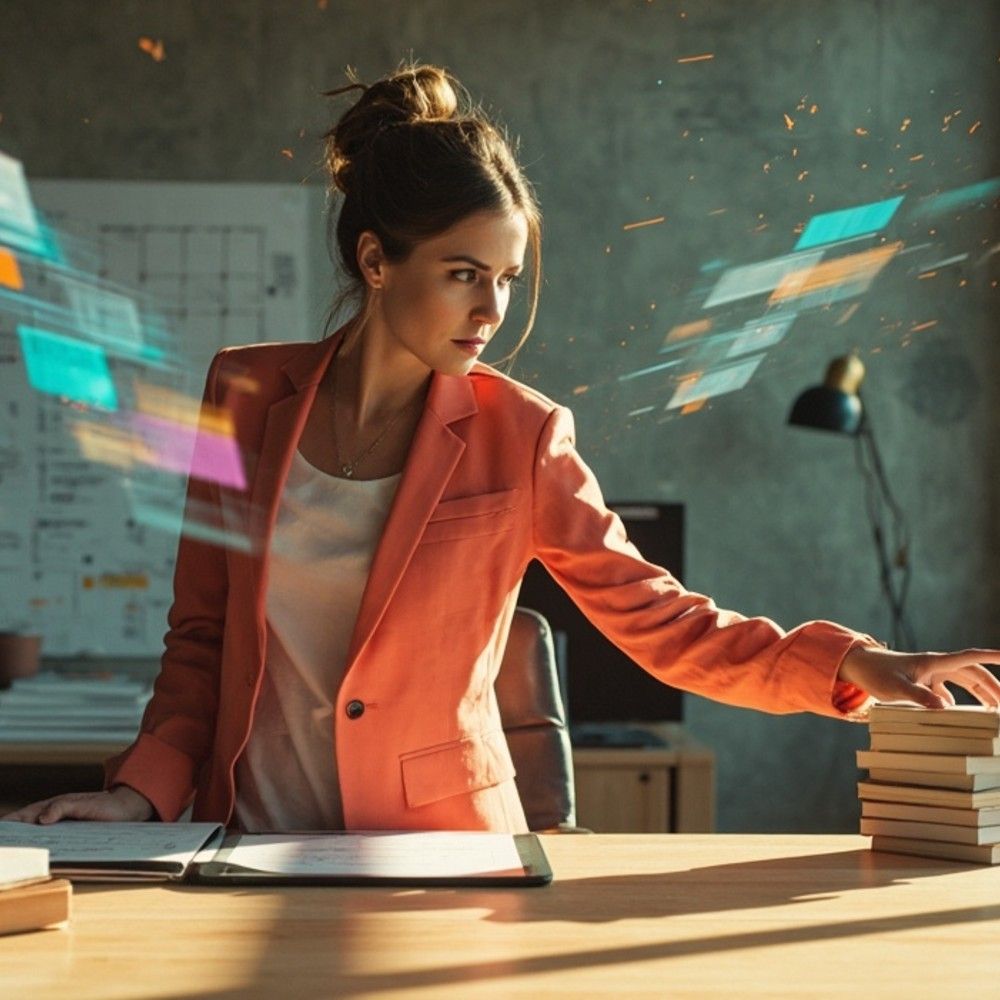 Focused woman in an orange blazer working at a desk with digital holographic data projections around her, reaching for a stack of books in a modern office setting.