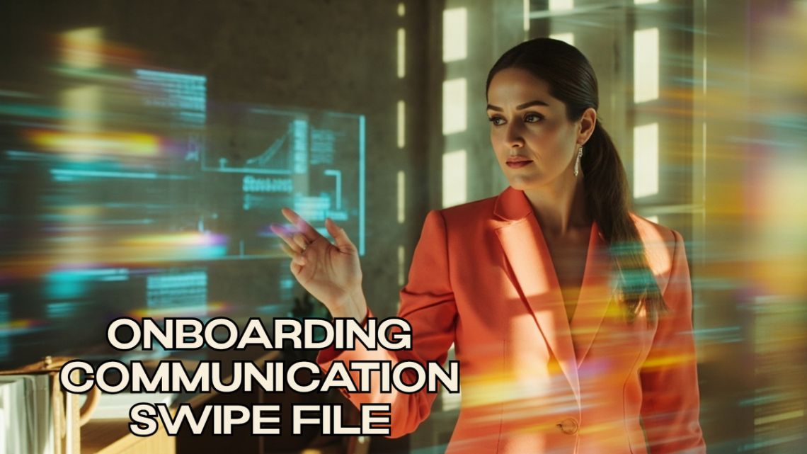 Woman in a coral blazer gesturing toward a digital interface with glowing data charts, overlaid with the text "ONBOARDING COMMUNICATION SWIPE FILE".