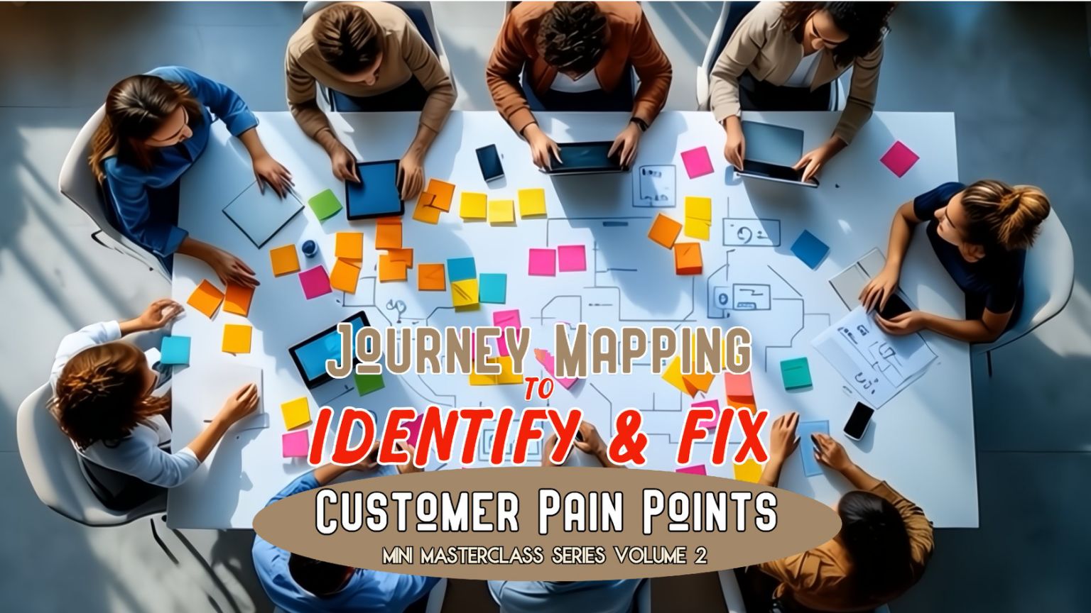 Team collaborating around a table covered with colorful sticky notes, tablets, and diagrams, with the text "Journey Mapping to Identify & Fix Customer Pain Points - Mini Masterclass Series Volume 2" prominently displayed.
