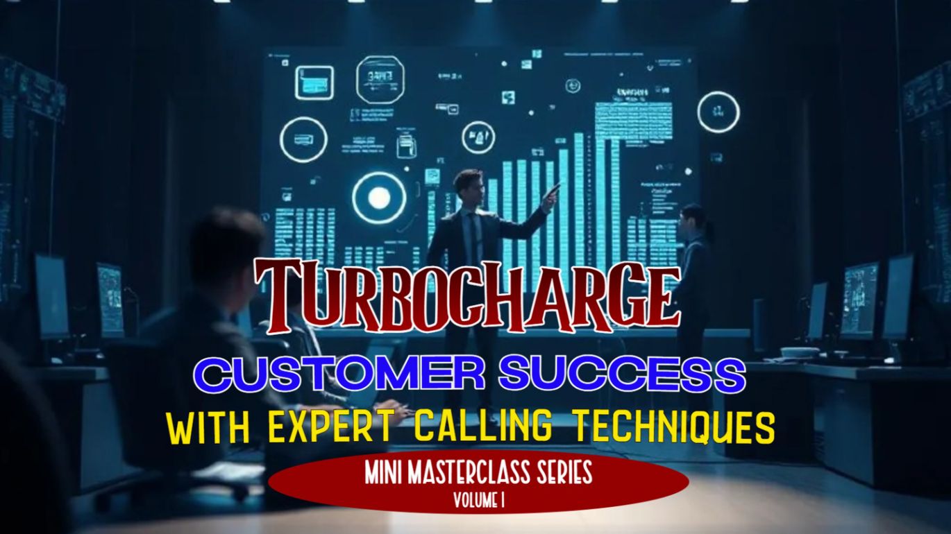 A modern office setting displaying a large digital screen with data visuals. Three professionals, two seated and one standing, are engaged in discussion. The screen features graphs and technological graphics, emphasizing a theme of customer success and expert calling techniques.